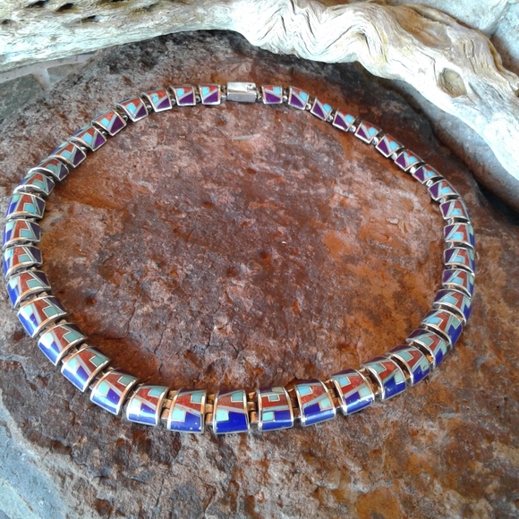 Sterling Silver multi inlay choker necklace set - Picture 7 of 16